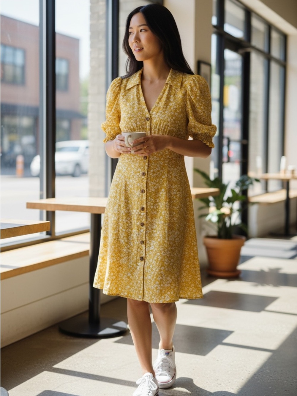 H&M Yellow Floral Puff Sleeve Button Front Mini Dress XS Cottagecore